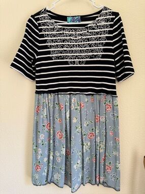 A.D.D. Upcycled Mixed Print Stripe Floral Embroidered Boho Dress Women’s S-M